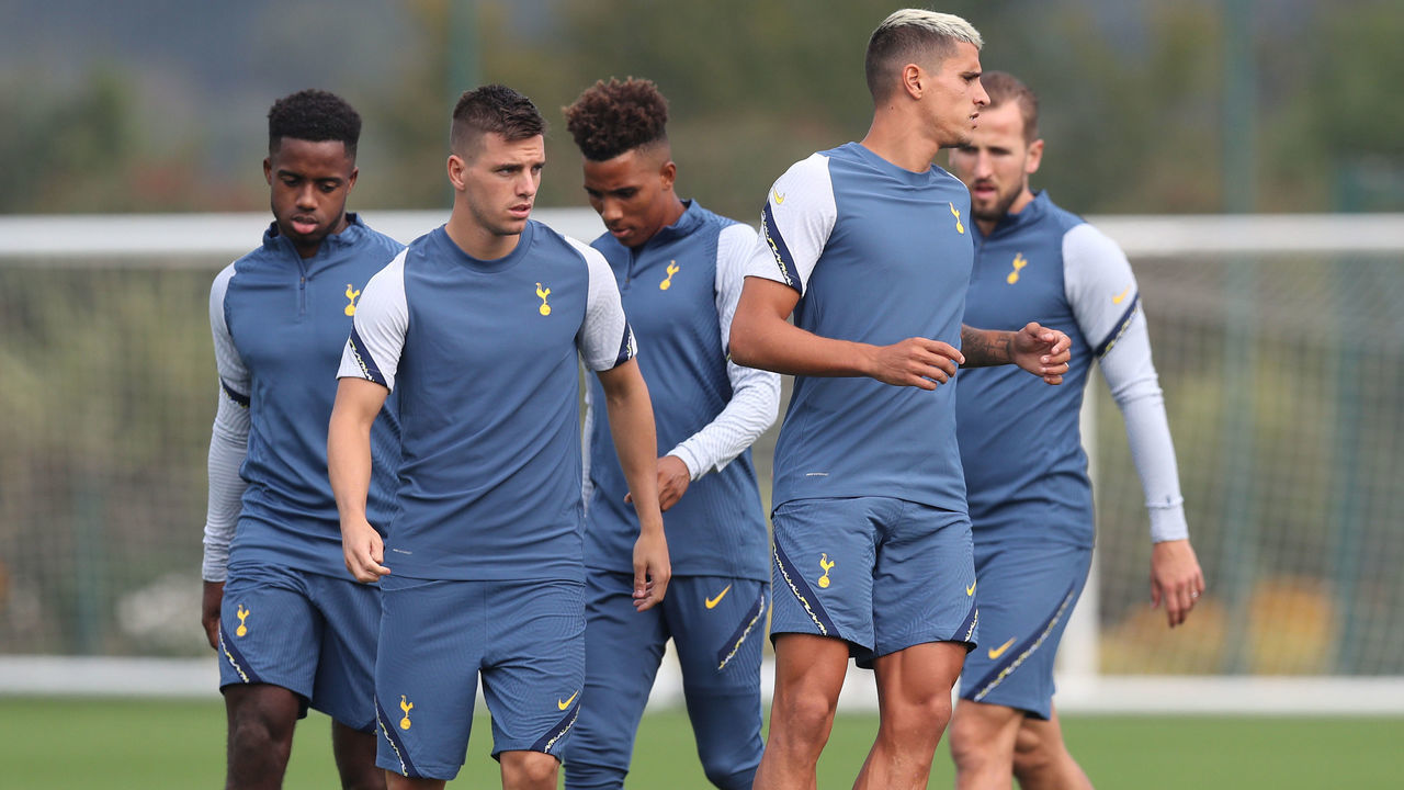 ENFIELD, ENGLAND - SEPTEMBER 16: Giovani Lo Celso and Erik Lamela of Tottenham Hotspur during the Tottenham Hotspur training session at Tottenham Hotspur Training Centre on September 16, 2020 in Enfield, England.