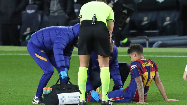 Philippe Coutinho is injured during the match between FC Barcelona and SD Eibar, corresponding to the week 16 of the Liga Santander, played at the Camp Nou Stadium, on 29th December 2020, in Barcelona, Spain. --