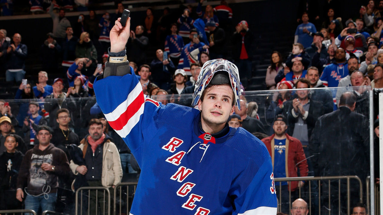 NEW YORK, NY - FEBRUARY 09: Igor Shesterkin #31 of the New York Rangers celebrates after getting a 4-1 win over the Los Angeles Kings at Madison Square Garden on February 9, 2020 in New York City.