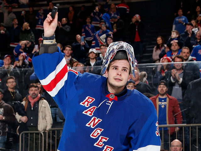 NEW YORK, NY - FEBRUARY 09: Igor Shesterkin #31 of the New York Rangers celebrates after getting a 4-1 win over the Los Angeles Kings at Madison Square Garden on February 9, 2020 in New York City.