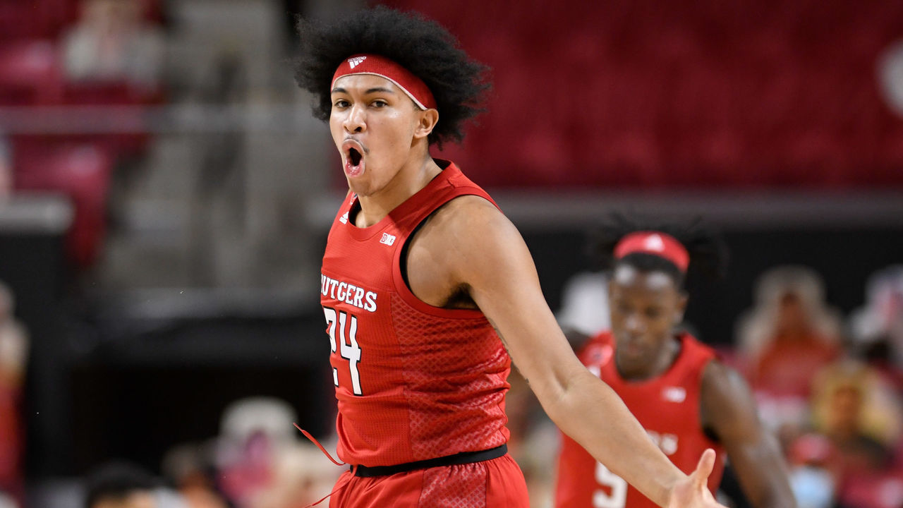 COLLEGE PARK, MD - DECEMBER 14: Ron Harper Jr. #24 of the Rutgers Scarlet Knights celebrates during the game against the Maryland Terrapins at Xfinity Center on December 14, 2020 in College Park, Maryland.