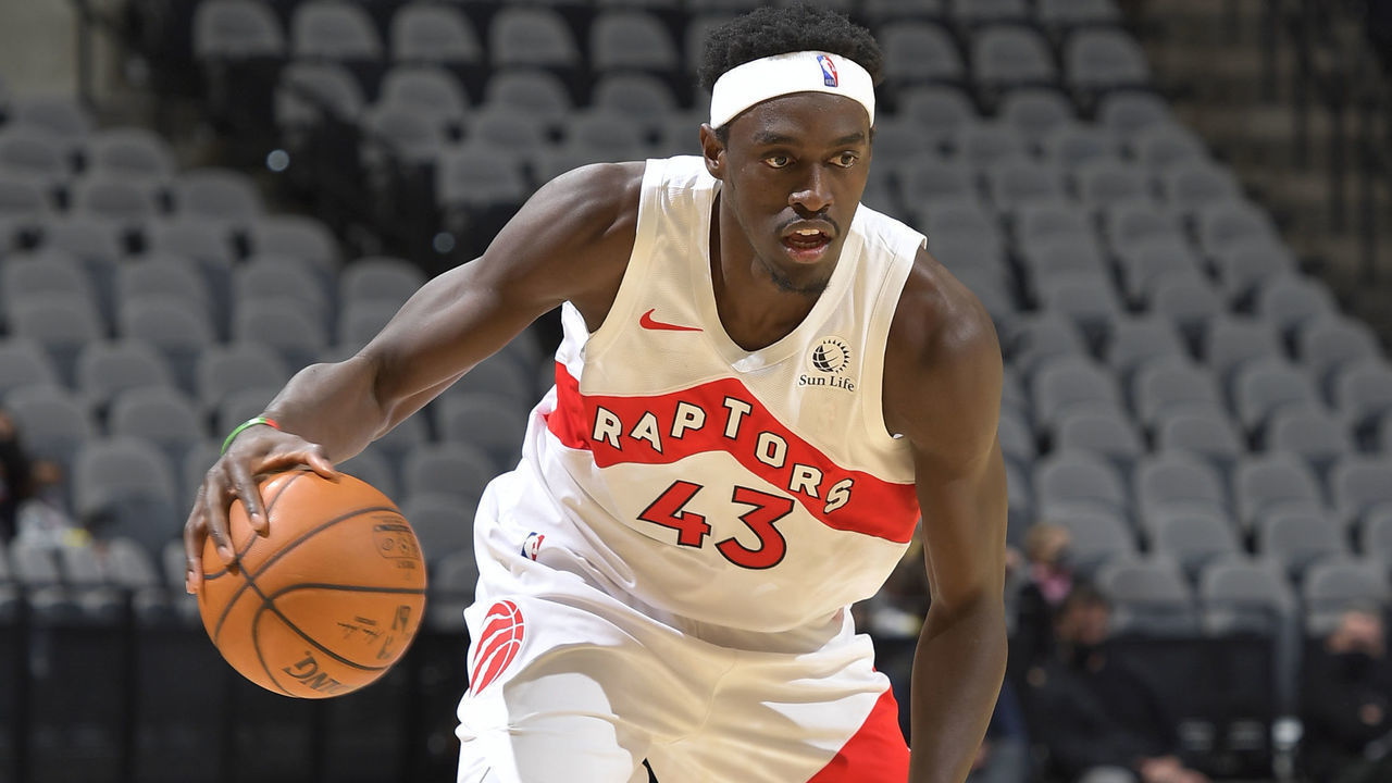 SAN ANTONIO, TX - DECEMBER 26: Pascal Siakam #43 of the Toronto Raptors dribbles the ball during the game against the San Antonio Spurs on December 26, 2020 at the AT&T Center in San Antonio, Texas. Mandatory Copyright Notice: Copyright 2020 NBAE (Photos by Logan Riely/NBAE via Getty Images)