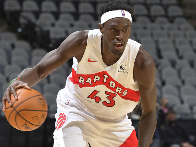SAN ANTONIO, TX - DECEMBER 26: Pascal Siakam #43 of the Toronto Raptors dribbles the ball during the game against the San Antonio Spurs on December 26, 2020 at the AT&T Center in San Antonio, Texas. Mandatory Copyright Notice: Copyright 2020 NBAE (Photos by Logan Riely/NBAE via Getty Images)