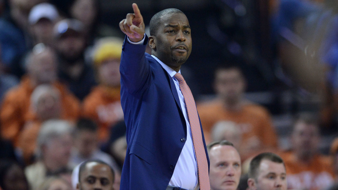 AUSTIN, TX - MARCH 07: Oklahoma State Cowboys head coach Mike Boynton Jr. gives instructions during game against the Texas Longhorns on March 7, 2020, at the Frank Erwin Center in Austin, TX.