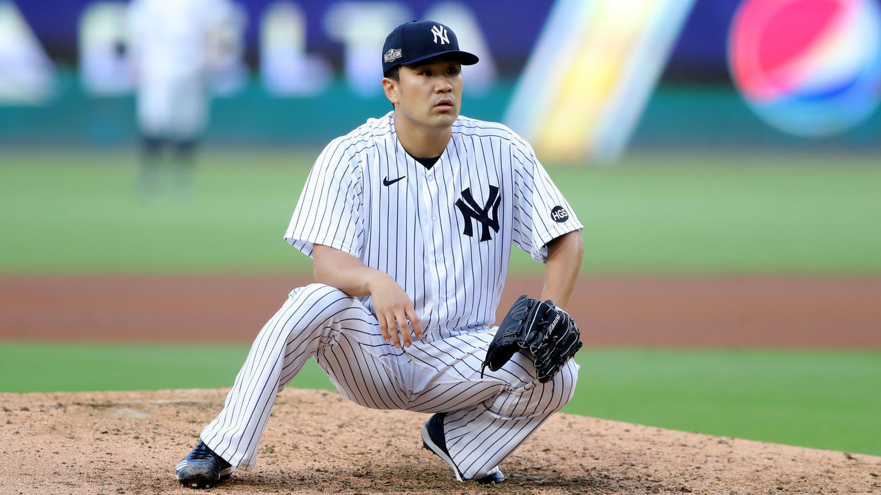 SAN DIEGO, CA - OCTOBER 07: Masahiro Tanaka #19 of the New York Yankees reacts to giving up a three-run home run to Kevin Kiermaier #39 of the Tampa Bay Rays in the fourth inning during Game 3 of the ALDS at Petco Park on Wednesday, October 7, 2020 in San Diego, California.