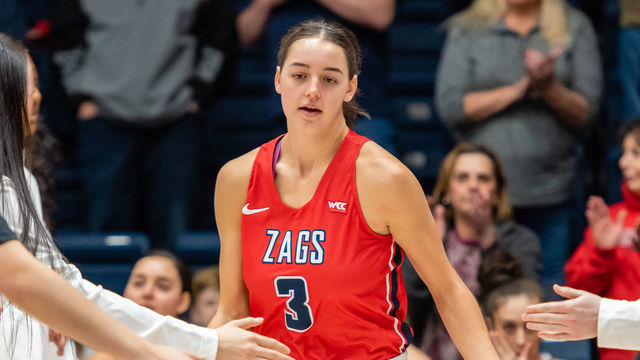 MORAGA, CA - FEBRUARY 08: Gonzaga Bulldogs forward Jenn Wirth (3) gets introduced before the game between the St. Mary Gaels and the Gonzaga Bulldogs on Saturday, February 08, 2020 at McKeon Pavilion in Moraga, California.