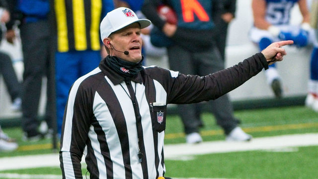 EAST RUTHERFORD, NJ - NOVEMBER 15: Referee Clay Martin (19) makes a call during the game between the Philadelphia Eagles and the New York Giants on November 15, 2020 at MetLife Stadium in East Rutherford, NJ.