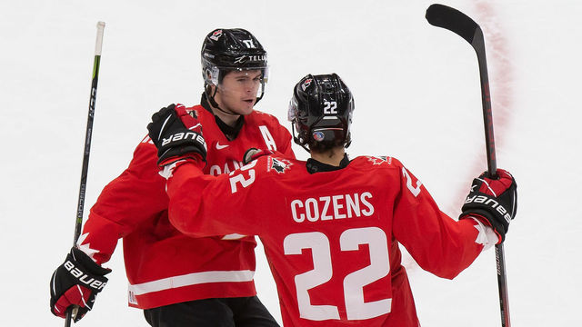 EDMONTON, AB - JANUARY 02: Connor McMichael #17 and Dylan Cozens #22 of Canada celebrate a goal against the Czech Republic during the 2021 IIHF World Junior Championship quarterfinals at Rogers Place on January 2, 2021 in Edmonton, Canada.
