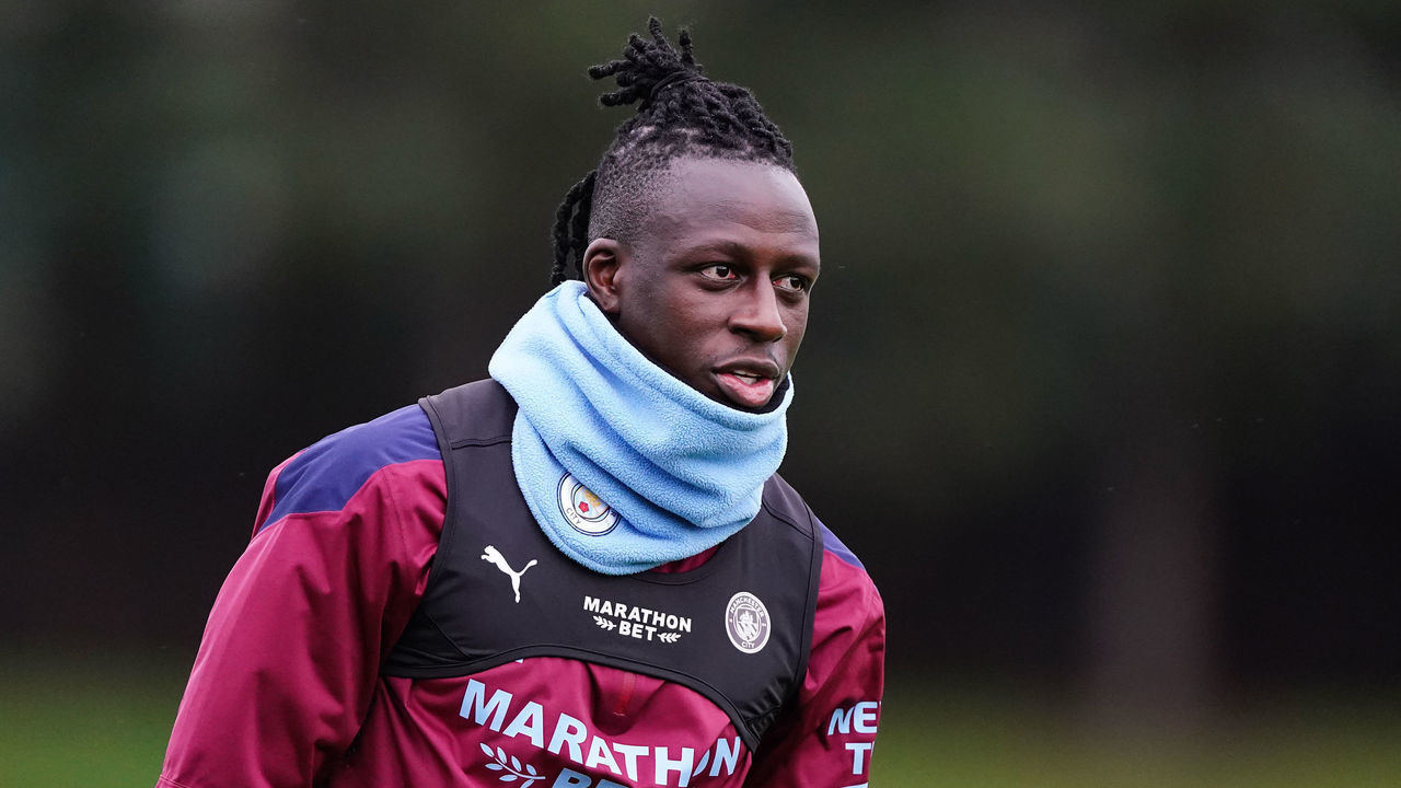 MANCHESTER, ENGLAND - DECEMBER 18: Benjamin Mendy of Manchester City in action during a training session at Manchester City Football Academy on December 18, 2020 in Manchester, England.