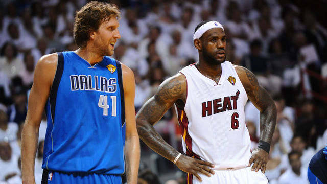 MIAMI, FL - JUNE 12: LeBron James #6 of the Miami Heat and Dirk Nowitzki #41 of the Dallas Mavericks during a break in the action of Game Six of the 2011 NBA Finals on June 12, 2011 at the American Airlines Arena in Miami, Florida. NOTE TO USER: User expressly acknowledges and agrees that, by downloading and/or using this photograph, user is consenting to the terms and conditions of the Getty Images License Agreement. Mandatory Copyright Notice: Copyright 2011 NBAE