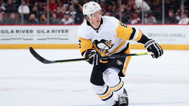 GLENDALE, ARIZONA - JANUARY 12: John Marino #6 of the Pittsburgh Penguins in action during the NHL game against the Arizona Coyotes at Gila River Arena on January 12, 2020 in Glendale, Arizona. The Penguins defeated the Coyotes 4-3 in an overtime shootout.