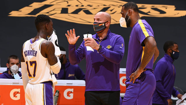 LOS ANGELES, CA - December 11: Assistant coach Jason Kidd talks with Dennis Schroder #17 and LeBron James #23 of the Los Angeles Lakers during a preseason game against the LA Clippers on December 11, 2020 at STAPLES Center in Los Angeles, California. NOTE TO USER: User expressly acknowledges and agrees that, by downloading and/or using this Photograph, user is consenting to the terms and conditions of the Getty Images License Agreement. Mandatory Copyright Notice: Copyright 2020 NBAE