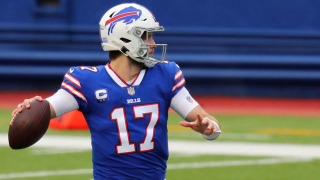 ORCHARD PARK, NEW YORK - JANUARY 03: Josh Allen #17 of the Buffalo Bills makes a pass against the Miami Dolphins during the first quartrer at Bills Stadium on January 03, 2021 in Orchard Park, New York.