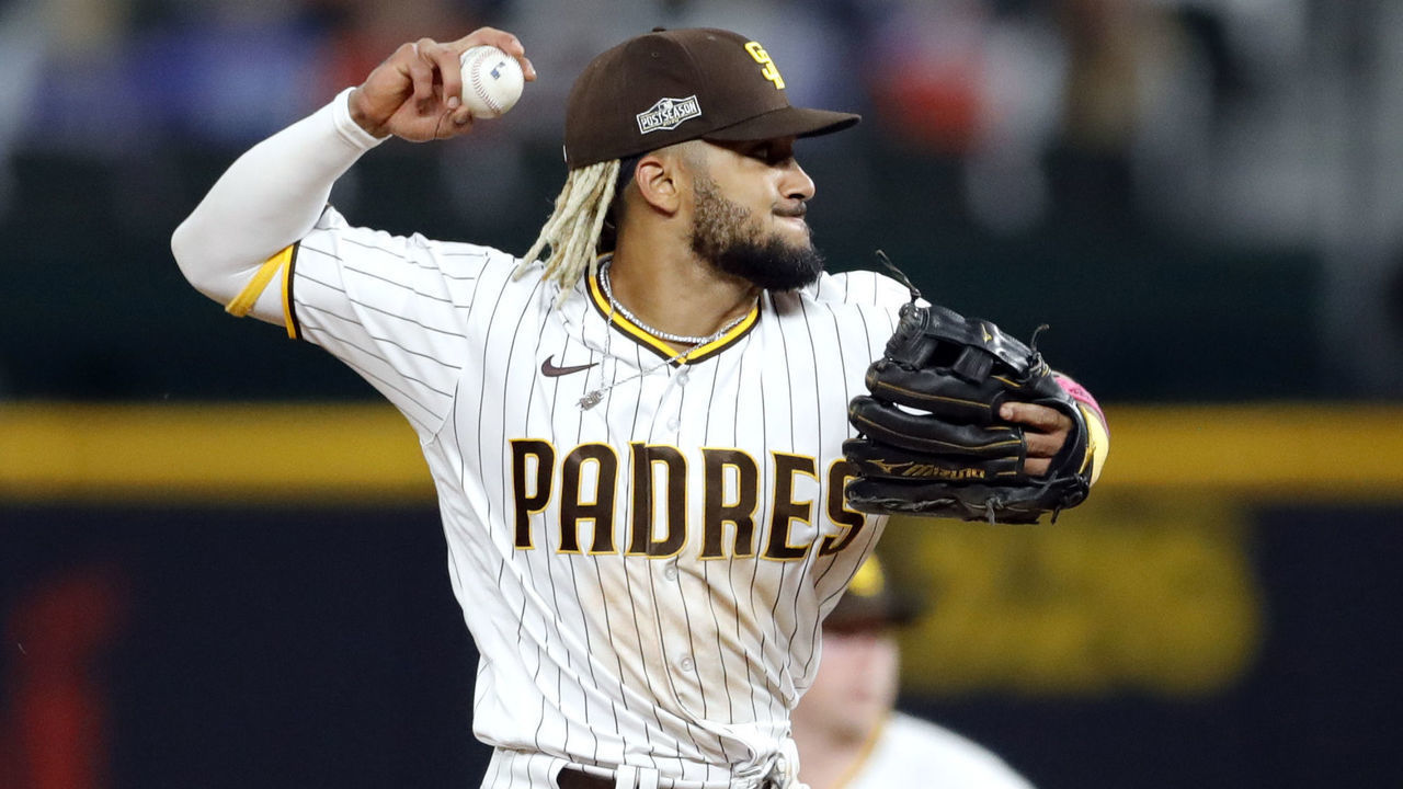 ARLINGTON, TX - OCTOBER 08: Fernando Tatis Jr. #23 of the San Diego Padres fields the ball in the fifth inning during Game 3 of the NLDS between the Los Angeles Dodgers and the San Diego Padres at Globe Life Field on Thursday, October 8, 2020 in Arlington, Texas.
