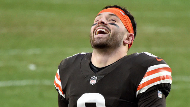 CLEVELAND, OHIO - JANUARY 03: Baker Mayfield #6 of the Cleveland Browns celebrates after defeating the Pittsburgh Steelers 24-22 at FirstEnergy Stadium on January 03, 2021 in Cleveland, Ohio.