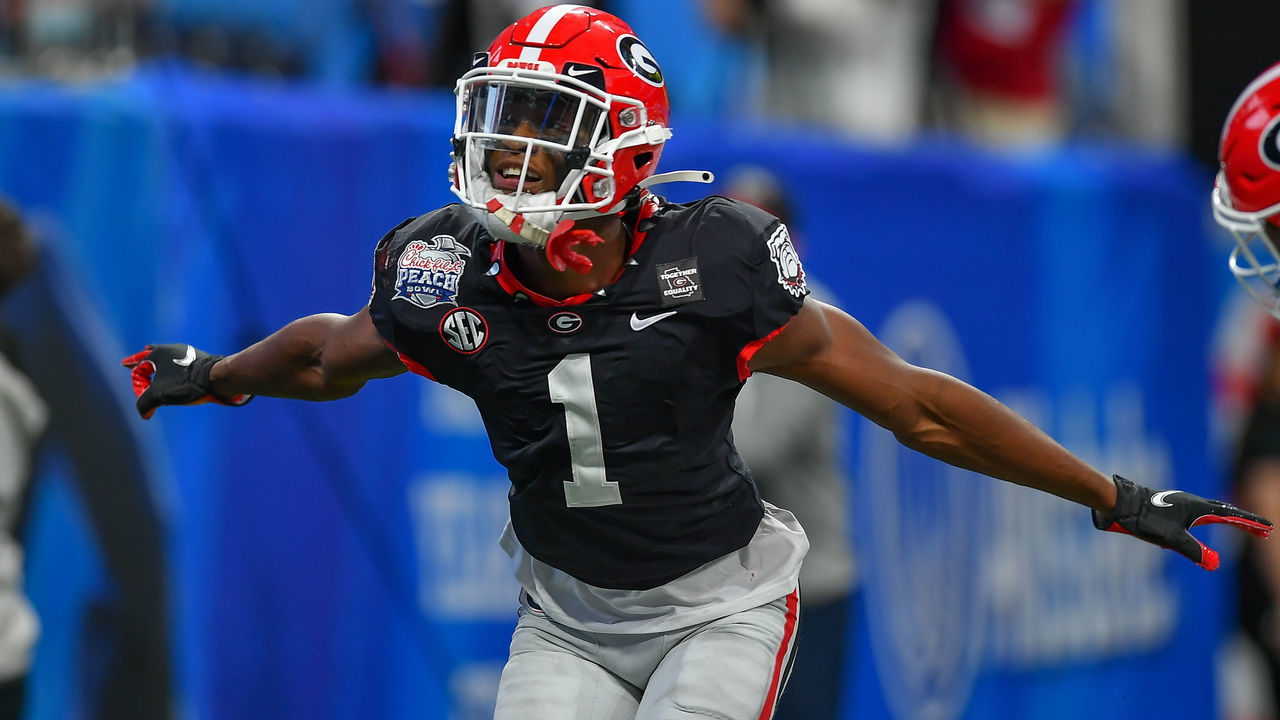 ATLANTA, GA JANUARY 01: Georgia wide receiver George Pickens (1) reacts after scoring a touchdown during the Chick-fil-A Peach Bowl between the Cincinnati Bearcats and the Georgia Bulldogs on January 1st, 2021 at Mercedes-Benz Stadium in Atlanta, GA.