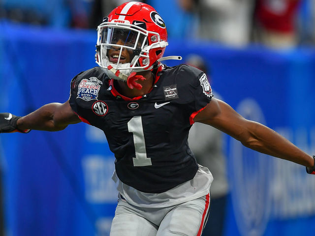 ATLANTA, GA JANUARY 01: Georgia wide receiver George Pickens (1) reacts after scoring a touchdown during the Chick-fil-A Peach Bowl between the Cincinnati Bearcats and the Georgia Bulldogs on January 1st, 2021 at Mercedes-Benz Stadium in Atlanta, GA.