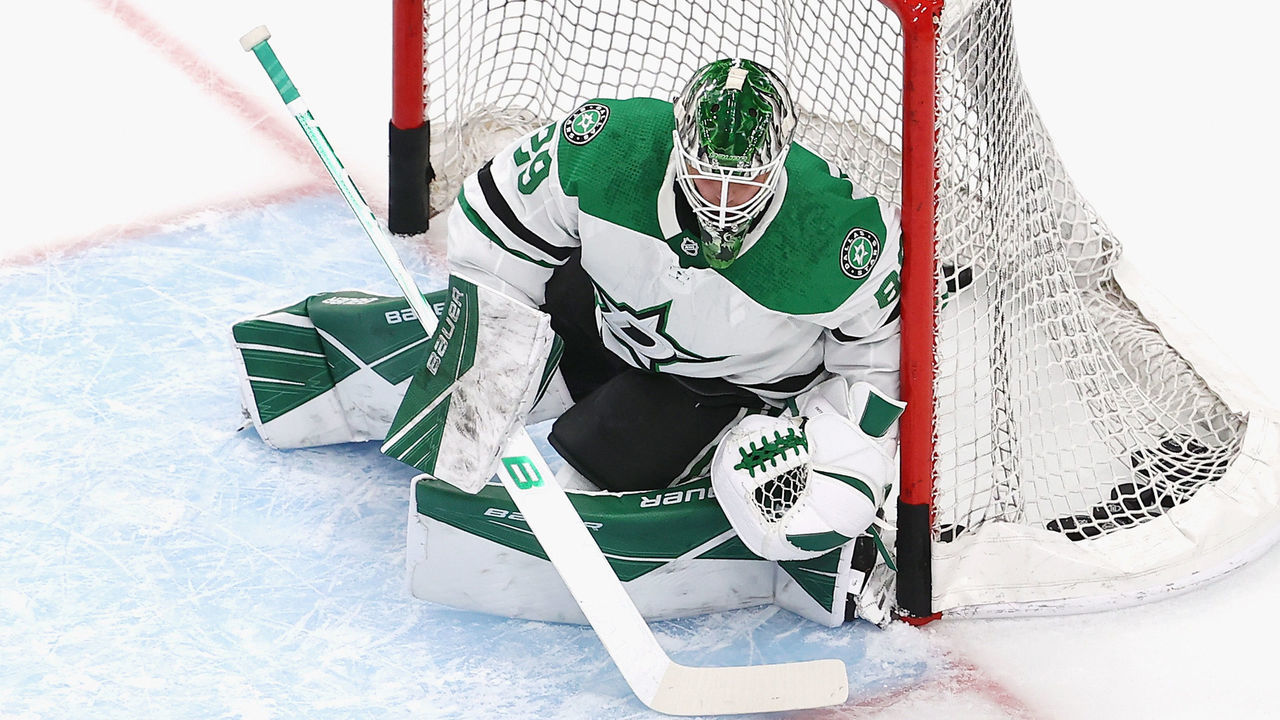 EDMONTON, ALBERTA - AUGUST 24: Jake Oettinger #29 of the Dallas Stars skates in warm-ups prior to the game against the Colorado Avalanche in Game Two of the Western Conference Second Round during the 2020 NHL Stanley Cup Playoffs at Rogers Place on August 24, 2020 in Edmonton, Alberta, Canada.