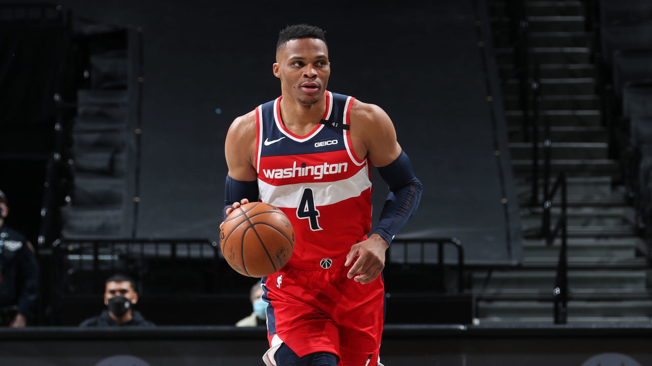 BROOKLYN, NY - JANUARY 3: Russell Westbrook #4 of the Washington Wizards dribbles the ball during the game against the Brooklyn Nets on January 3, 2021 at Barclays Center in Brooklyn, New York. Mandatory Copyright Notice: Copyright 2021 NBAE