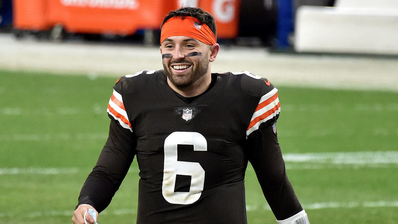 CLEVELAND, OHIO - JANUARY 03: Baker Mayfield #6 of the Cleveland Browns celebrates after defeating the Pittsburgh Steelers 24-22 at FirstEnergy Stadium on January 03, 2021 in Cleveland, Ohio.