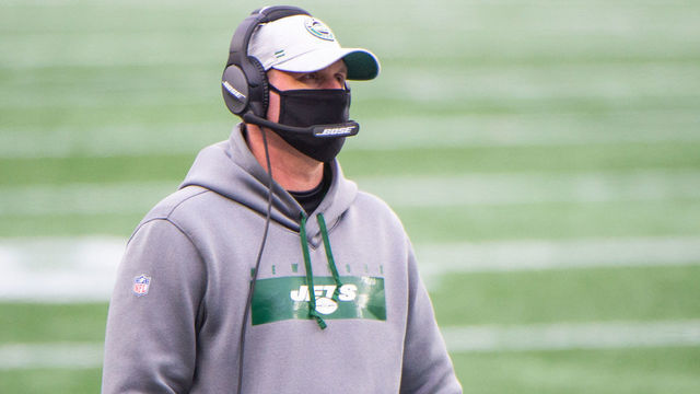FOXBOROUGH, MA - JANUARY 3, 2021: New York Jets head coach Adam Gase looks on during the first half of the game against the New England Patriots at Gillette Stadium on January 3, 2021 in Foxborough, Massachusetts.