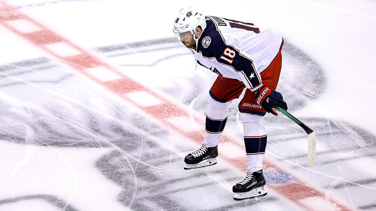 TORONTO, ONTARIO - AUGUST 19: Pierre-Luc Dubois #18 of the Columbus Blue Jackets warms up prior to Game Five of the Eastern Conference First Round against the Tampa Bay Lightning during the 2020 NHL Stanley Cup Playoffs at Scotiabank Arena on August 19, 2020 in Toronto, Ontario.