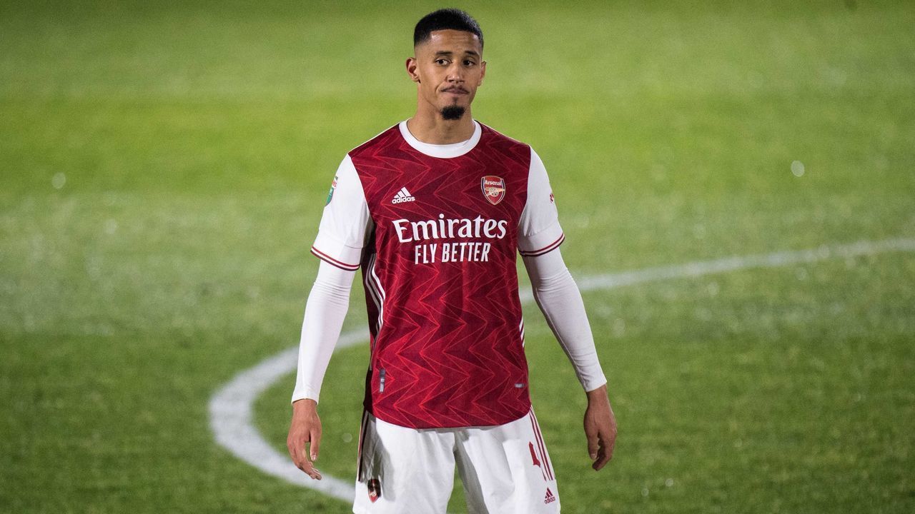 WIMBLEDON, ENGLAND - DECEMBER 08: William Saliba of Arsenal U21 looks on during the EFL Trophy match between AFC Wimbledon and Arsenal U21 at Plough Lane on December 8, 2020 in Wimbledon, England.