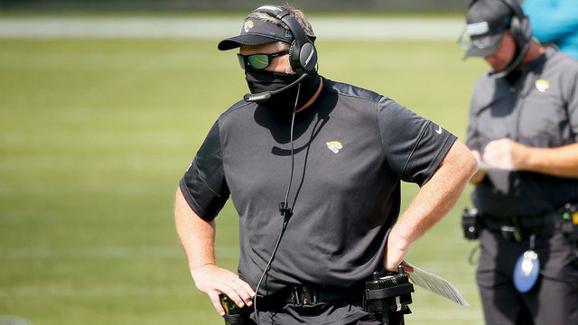 NASHVILLE, TENNESSEE - SEPTEMBER 20: Wearing a mask as protection from the Corona virus, head coach Doug Marrone of the Jacksonville Jaguars watches from the sideline during a game against the Tennessee Titans at Nissan Stadium on September 20, 2020 in Nashville, Tennessee.