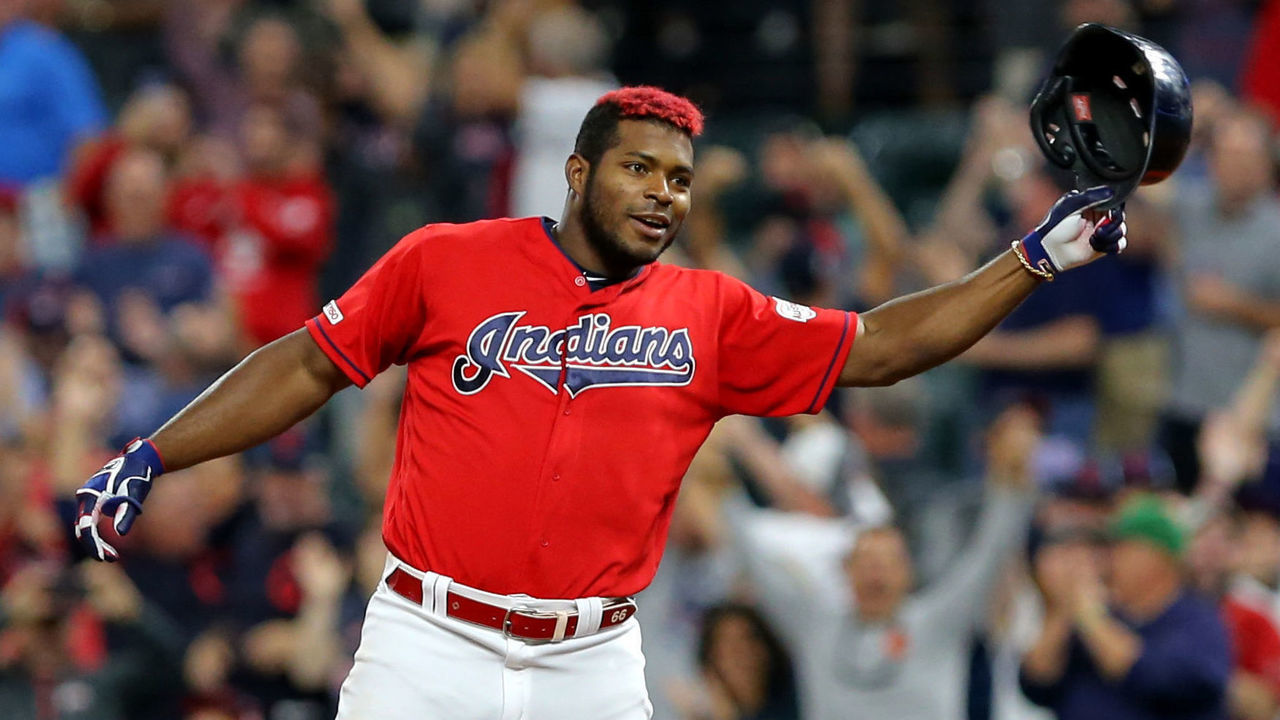 CLEVELAND, OH - SEPTEMBER 18: Cleveland Indians right fielder Yasiel Puig (66) celebrates after hitting a walk-off single with the bases loaded to drive in the winning run during the 10th inning of the Major League Baseball game between the Detroit Tigers and Cleveland Indians on September 18, 2019, at Progressive Field in Cleveland, OH.