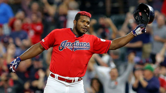 CLEVELAND, OH - SEPTEMBER 18: Cleveland Indians right fielder Yasiel Puig (66) celebrates after hitting a walk-off single with the bases loaded to drive in the winning run during the 10th inning of the Major League Baseball game between the Detroit Tigers and Cleveland Indians on September 18, 2019, at Progressive Field in Cleveland, OH.
