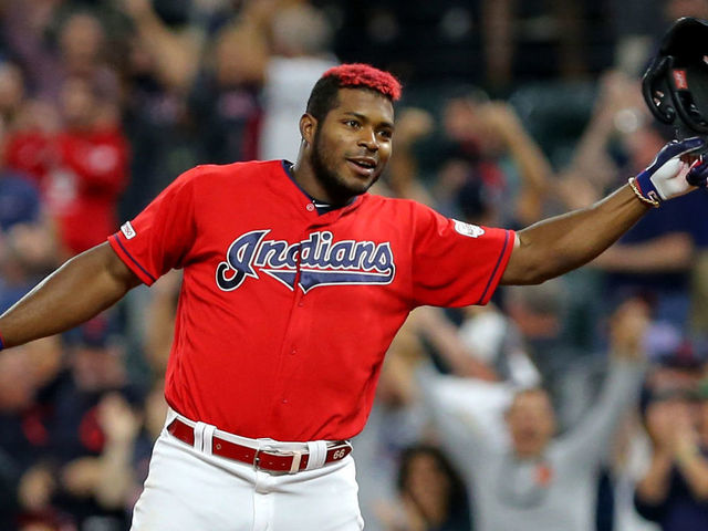 CLEVELAND, OH - SEPTEMBER 18: Cleveland Indians right fielder Yasiel Puig (66) celebrates after hitting a walk-off single with the bases loaded to drive in the winning run during the 10th inning of the Major League Baseball game between the Detroit Tigers and Cleveland Indians on September 18, 2019, at Progressive Field in Cleveland, OH.