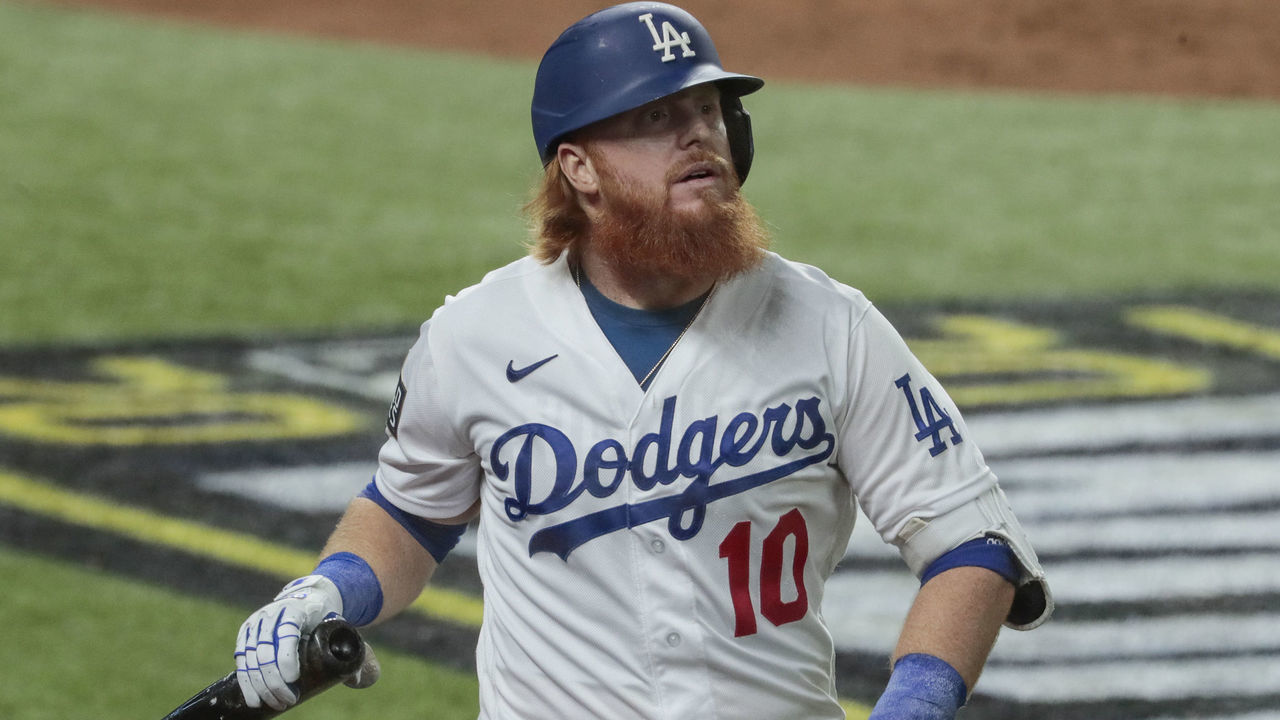 Arlington, Texas, Tuesday, October 27, 2020 Justin Turner heads back to the dugout after striking out in game six of the World Series at Globe Life Field.
