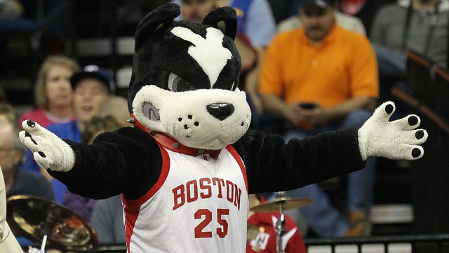 TULSA, OK - MARCH 18: The Boston University Terriers mascot reacts during the second round game against the Kansas Jayhawks in the 2011 NCAA men's basketball tournament at BOK Center on March 18, 2011 in Tulsa, Oklahoma.