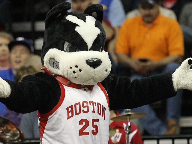 TULSA, OK - MARCH 18: The Boston University Terriers mascot reacts during the second round game against the Kansas Jayhawks in the 2011 NCAA men's basketball tournament at BOK Center on March 18, 2011 in Tulsa, Oklahoma.