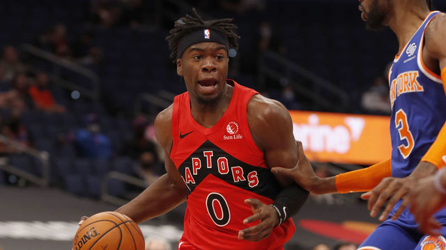 TAMPA BAY, FL - DECEMBER 31: Terence Davis II #0 of the Toronto Raptors handles the ball during the game against the New York Knicks on December 31, 2020 at the Amalie Arena in Tampa Bay, Florida. Mandatory Copyright Notice: Copyright 2020 NBAE
