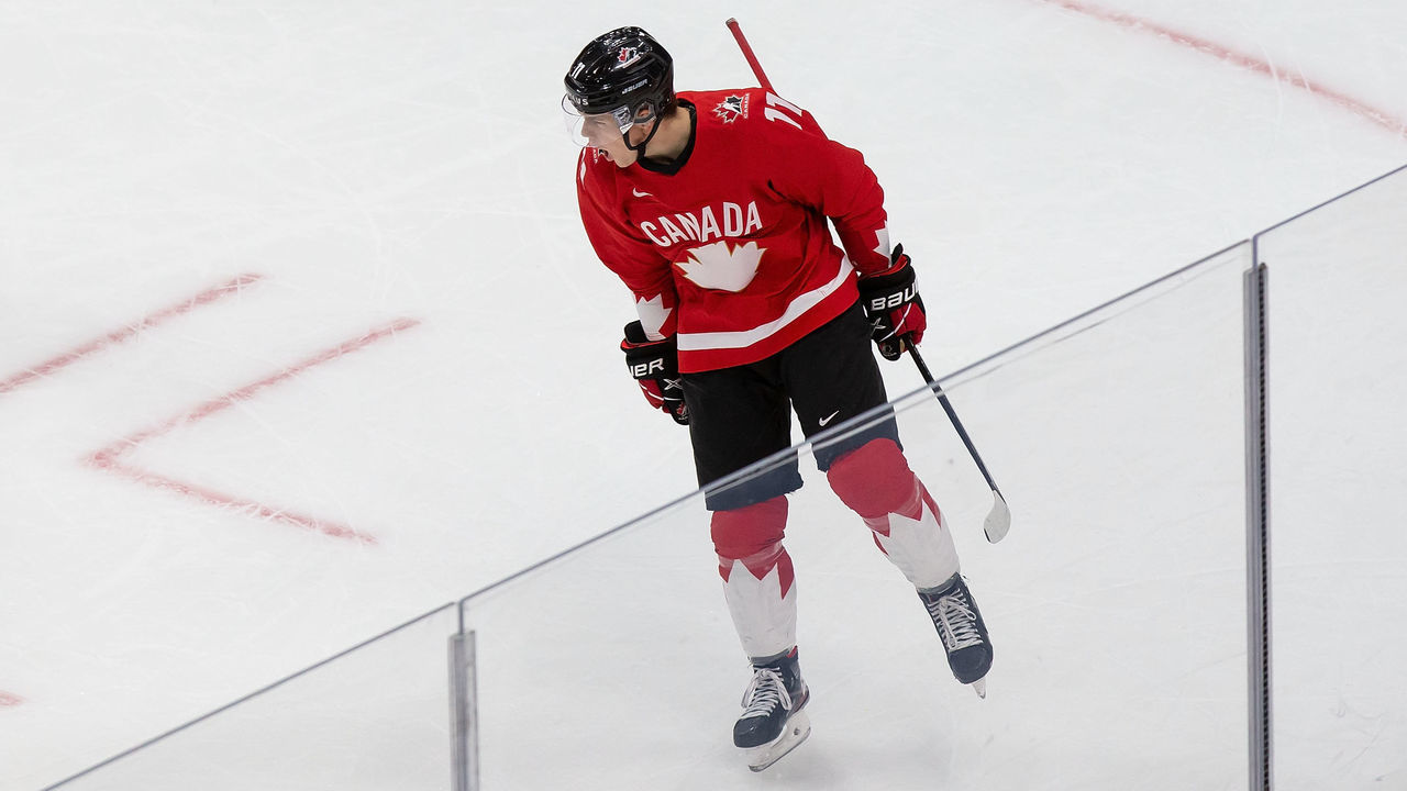 EDMONTON, AB - JANUARY 04: Cole Perfetti #11 of Canada celebrates a goal against Russia during the 2021 IIHF World Junior Championship semifinals at Rogers Place on January 4, 2021 in Edmonton, Canada.