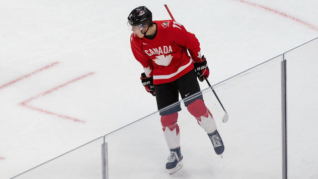 EDMONTON, AB - JANUARY 04: Cole Perfetti #11 of Canada celebrates a goal against Russia during the 2021 IIHF World Junior Championship semifinals at Rogers Place on January 4, 2021 in Edmonton, Canada.