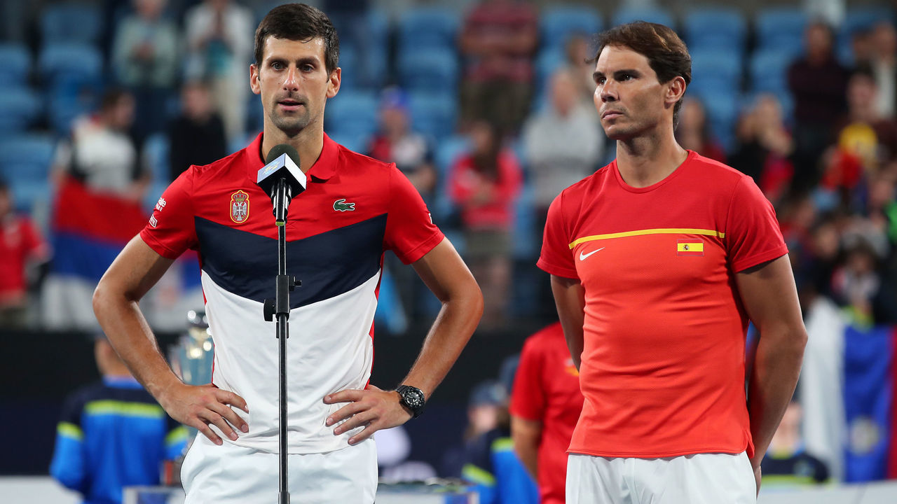 SYDNEY, AUSTRALIA - JANUARY 12: Novak Djokovic of Serbia and Rafael Nadal of Spain after the ATP Cup Final that Serbia won in 3 sets on day 10 of the ATP Cup at Ken Rosewall Arena on January 12, 2020 in Sydney, Australia.