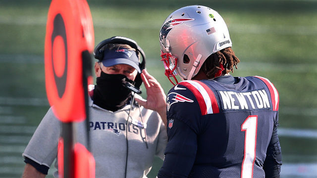 FOXBOROUGH, MA - OCTOBER 18: After failing to convert on a fourth quarter third down conversion, Patriots quarterback Cam Newton head to the sidelines as head coach Bill Belichick looks on. The New England Patriots host the Denver Broncos in a regular season NFL football game at Gillette Stadium in Foxborough, MA on Oct. 18, 2020.