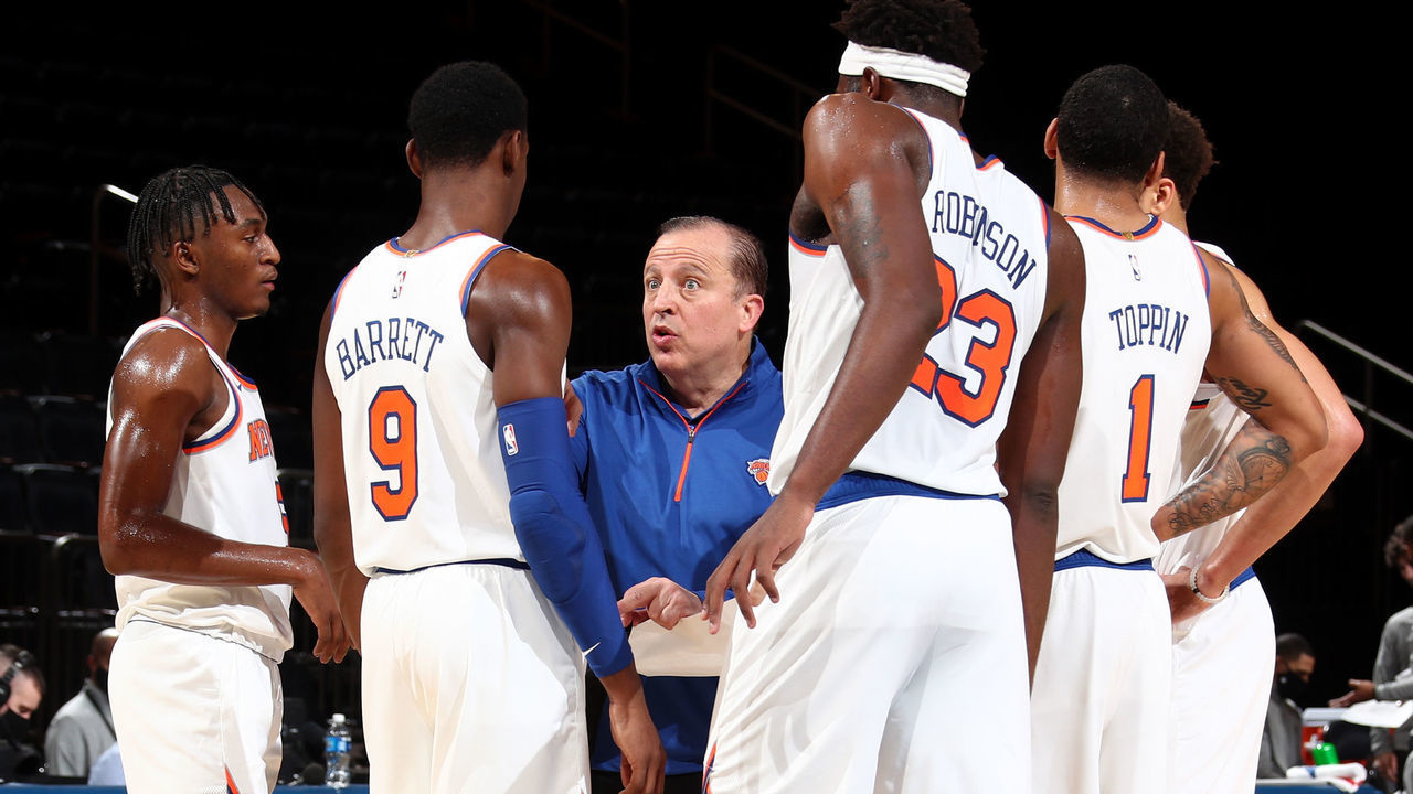 NEW YORK, NY - DECEMBER 16: Tom Thibodeau of the New York Knicks huddles with his team during a time out during the game against the Cleveland Cavaliers on December 16, 2020 at Madison Square Garden in New York, New York. Mandatory Copyright Notice: Copyright 2020 NBAE