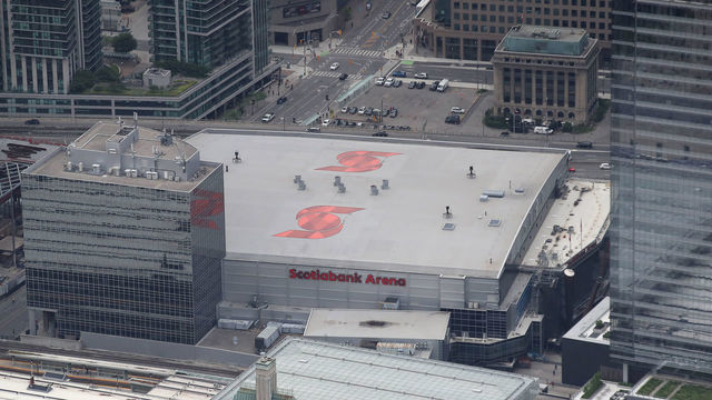 TORONTO, ON - JUNE 17: An aerial view of Scotiabank Arena the home of the Toronto Maple Leafs and Toronto Raptors on June 17, 2019 in Toronto, Canada.