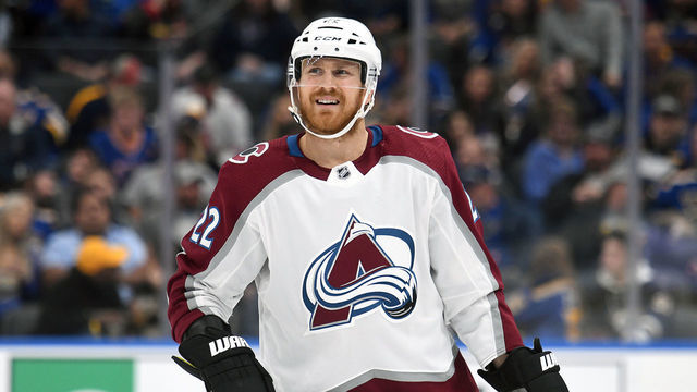 ST. LOUIS, MO. - OCTOBER 21: Colorado Avalanche center Colin Wilson (22) during a NHL game between the Colorado Avalanche and the St. Louis Blues on October 21, 2019, at Enterprise Center, St. Louis, MO.