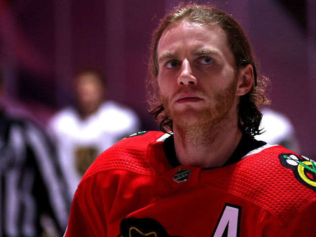EDMONTON, ALBERTA - AUGUST 16: Patrick Kane #88 of the Chicago Blackhawks looks on during pregame before taking on the Vegas Golden Knights in Game Four of the Western Conference First Round of the 2020 NHL Stanley Cup Playoff at Rogers Place on August 16, 2020 in Edmonton, Alberta.