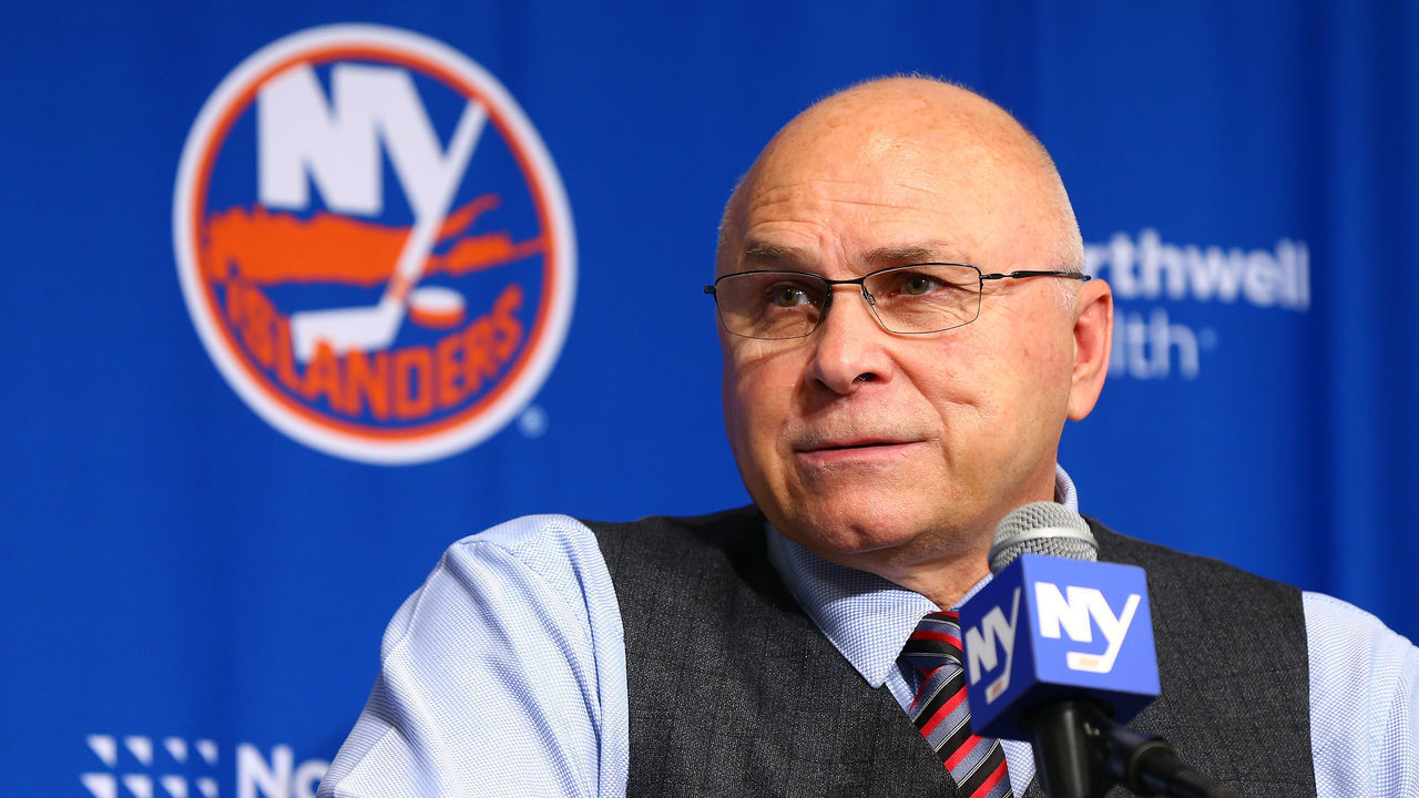 NEW YORK, NEW YORK - FEBRUARY 11: Head Coach Barry Trotz of the New York Islanders speaks to the media following the game against the Philadelphia Flyers at Barclays Center on February 11, 2020 in New York City. New York Islanders defeated the Philadelphia Flyers 5-3.