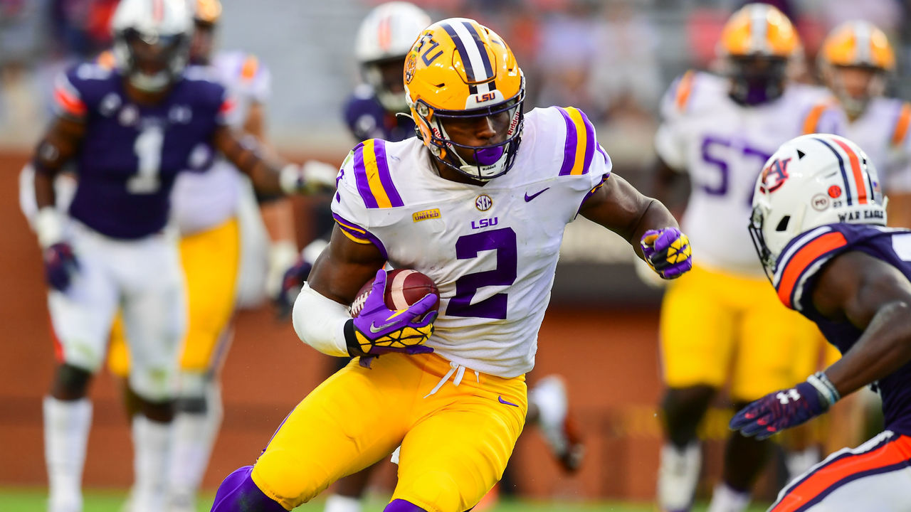 AUBURN, AL - OCTOBER 31: Arik Gilbert #2 of the LSU Tigers runs the ball against the Auburn Tigers in the second half at Jordan-Hare Stadium on October 31, 2020 in Auburn, Alabama.