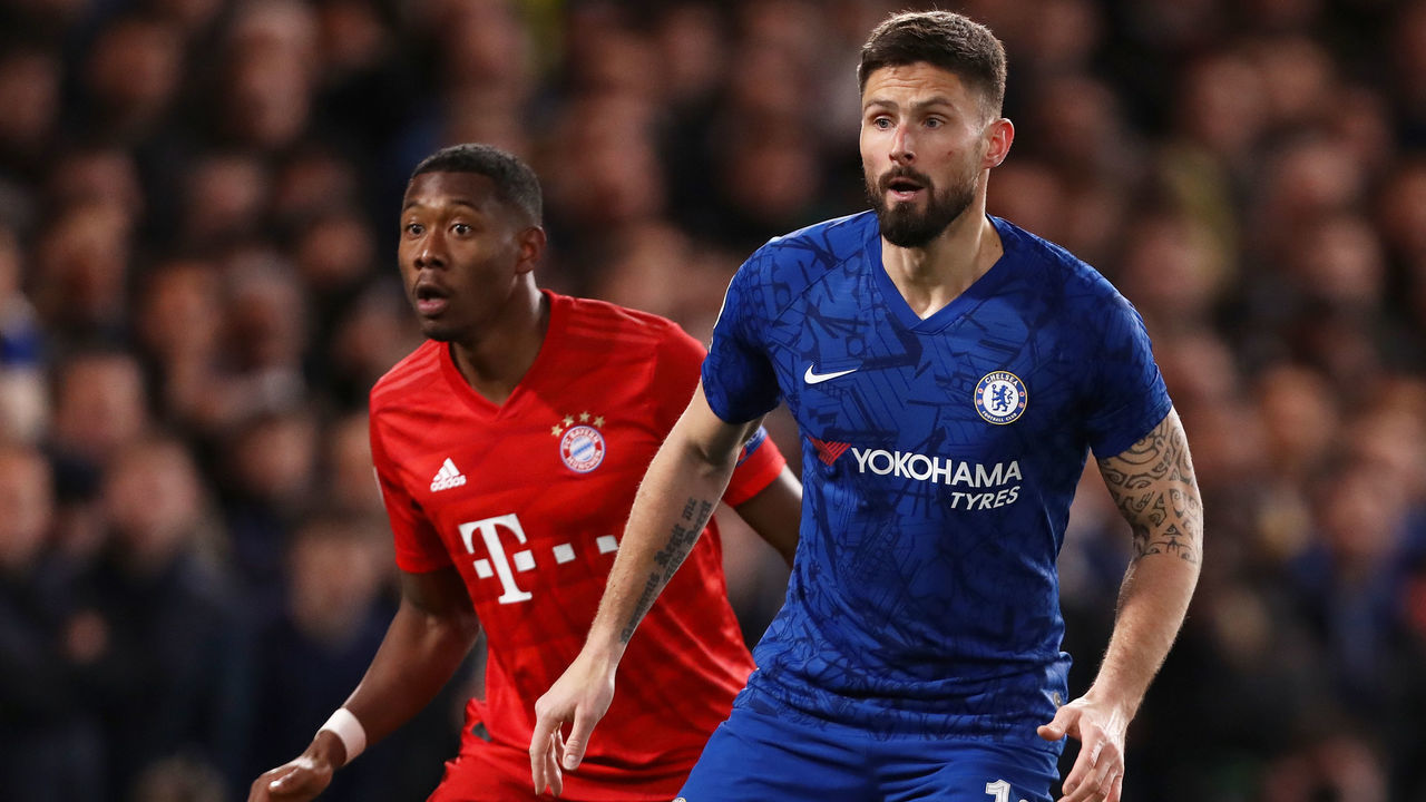 LONDON, UNITED KINGDOM - 2020/02/25: Olivier Giroud of Chelsea and David Alaba of Bayern Munich in action during the UEFA Champions League Round 16 First Leg match between Chelsea and Bayern Munich at Stamford Bridge. Final Score; Chelsea 0:3 Bayern Munich.