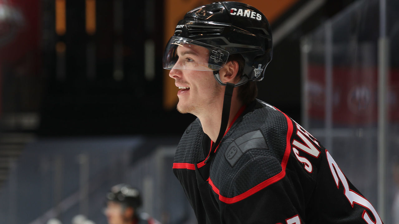 TORONTO, ONTARIO - AUGUST 15: Andrei Svechnikov #37 of the Carolina Hurricanes warms up before Game Three of the Eastern Conference First Round of the 2020 NHL Stanley Cup Playoff between the Boston Bruins and the Carolina Hurricanes at Scotiabank Arena on August 15, 2020 in Toronto, Ontario.