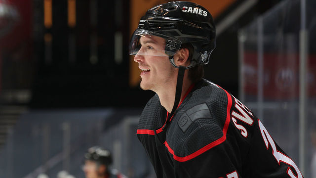 TORONTO, ONTARIO - AUGUST 15: Andrei Svechnikov #37 of the Carolina Hurricanes warms up before Game Three of the Eastern Conference First Round of the 2020 NHL Stanley Cup Playoff between the Boston Bruins and the Carolina Hurricanes at Scotiabank Arena on August 15, 2020 in Toronto, Ontario.