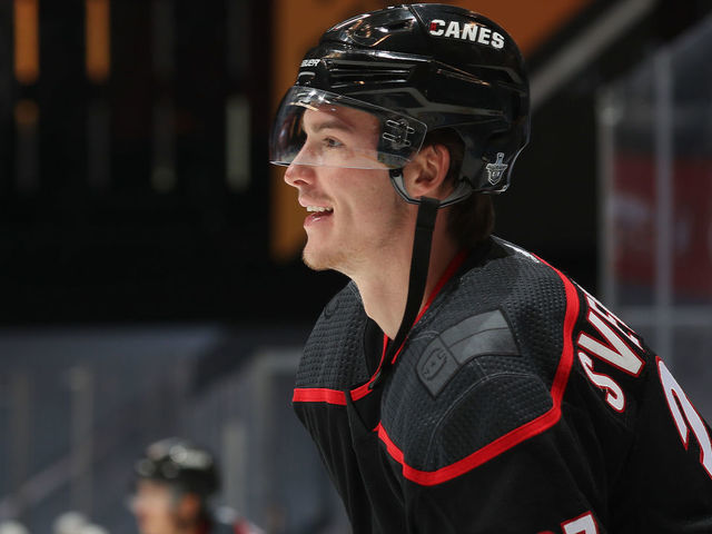 TORONTO, ONTARIO - AUGUST 15: Andrei Svechnikov #37 of the Carolina Hurricanes warms up before Game Three of the Eastern Conference First Round of the 2020 NHL Stanley Cup Playoff between the Boston Bruins and the Carolina Hurricanes at Scotiabank Arena on August 15, 2020 in Toronto, Ontario.