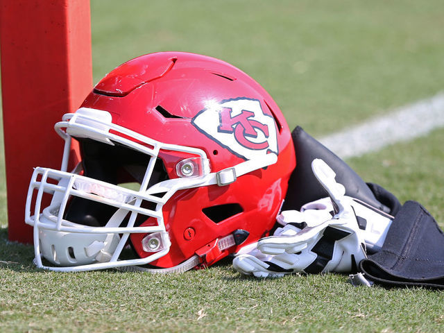 ST. JOSEPH, MO - AUGUST 05: A general view of a Kansas City Chiefs helmet during training camp on August 5, 2018 at Missouri Western State University in St. Joseph, MO.